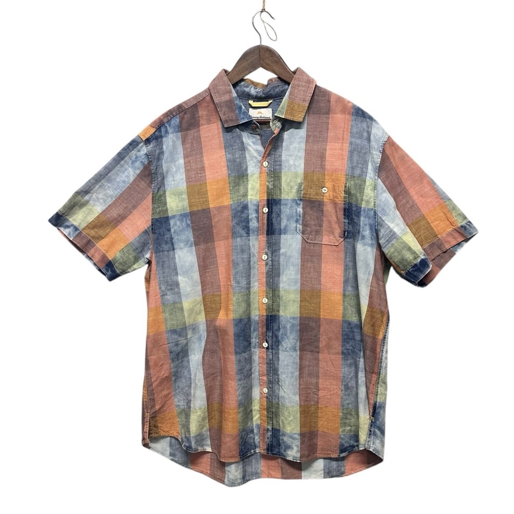 Tommy Bahama 100% Cotton Multicolor Plaid Short Sleeve Button Up Shirt Mens Sz L